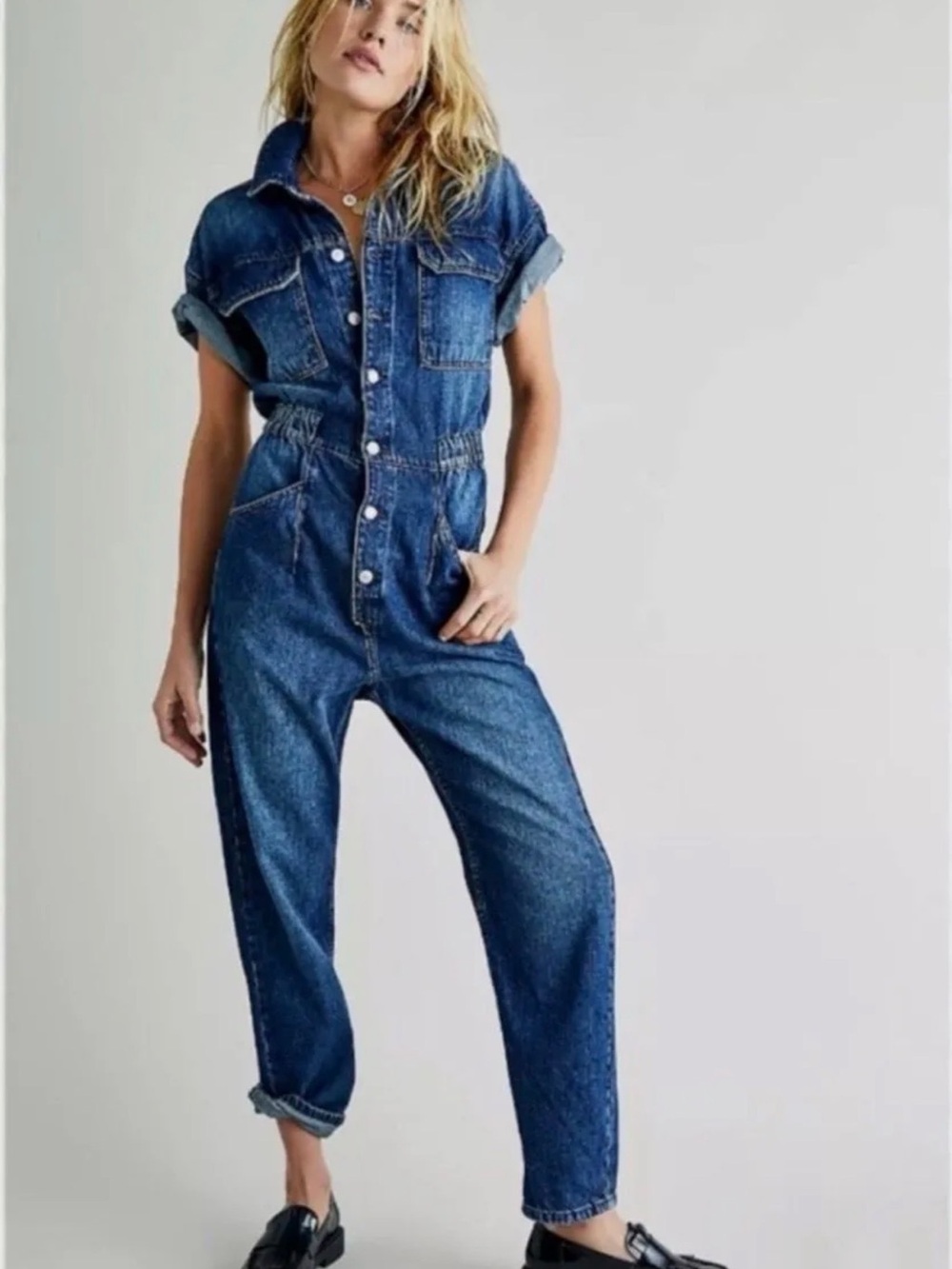 We The Free Dark Blue Denim Button-Front Jumpsuit